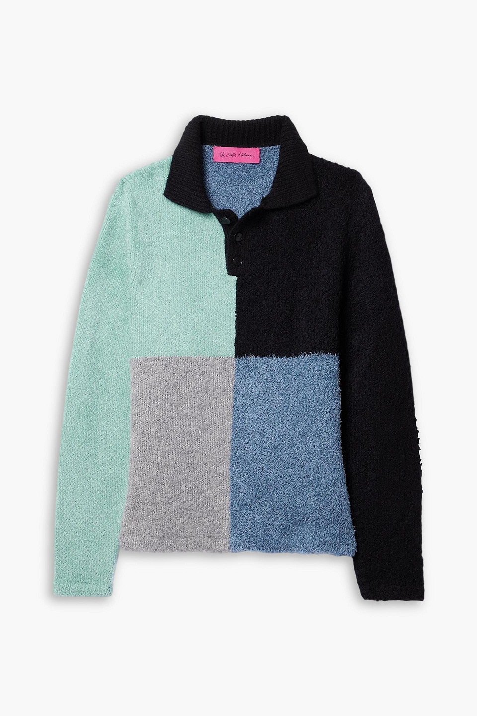 the elder statesman - color-block knitted polo sweater - black - s