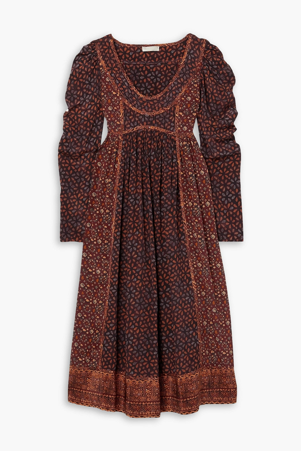 Shop Ulla Johnson Diann Gathered Printed Silk Crepe De Chine Midi Dress In Brown