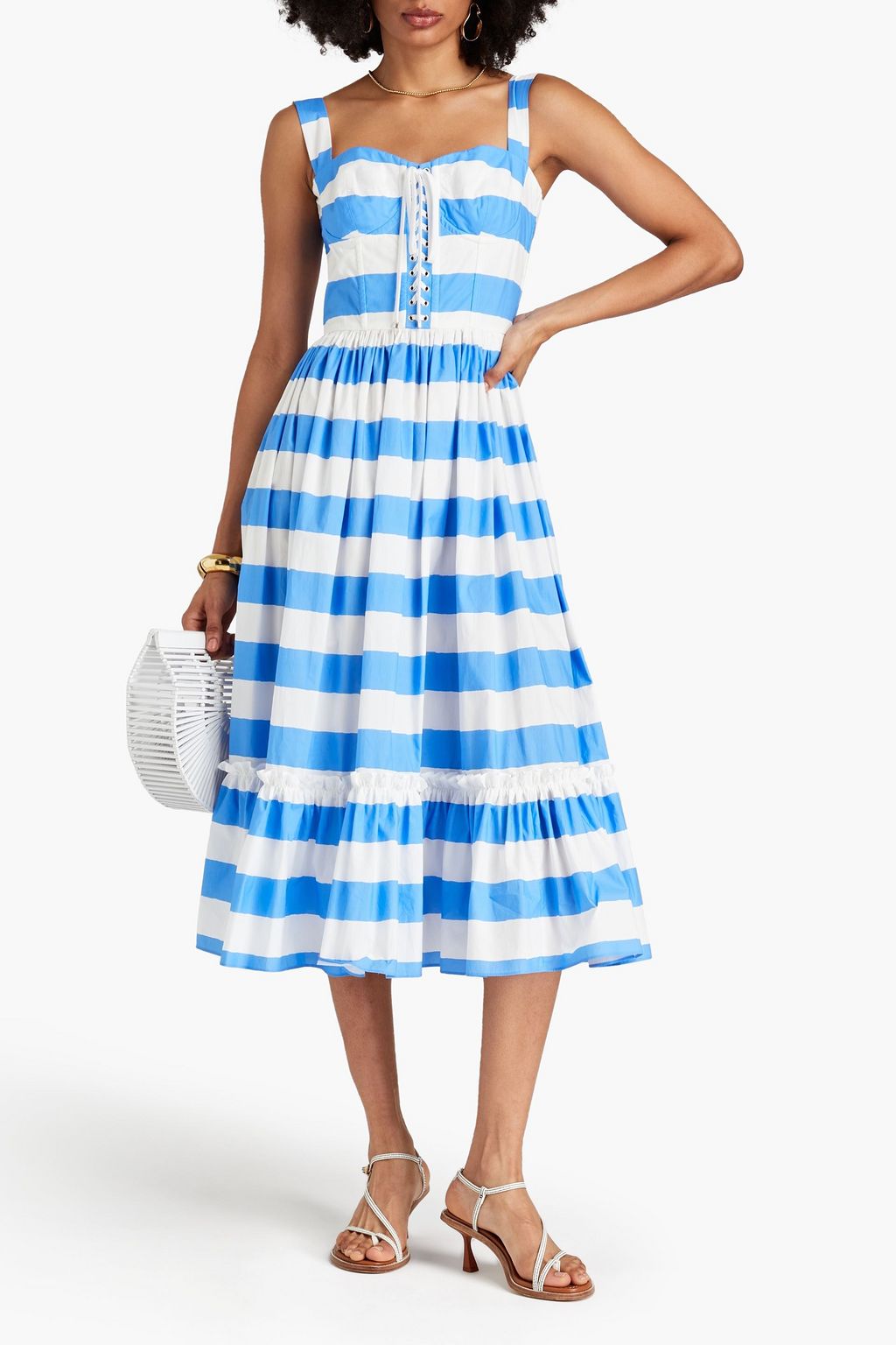 DOLCE&GABBANA Lace-up striped cotton-poplin midi dress