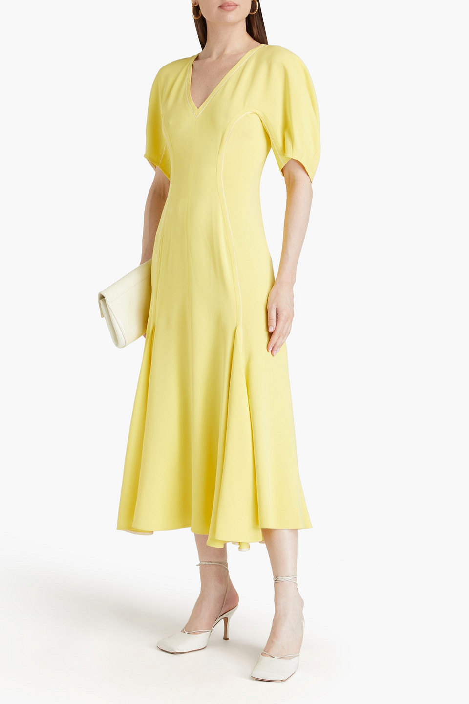 Shop Marni Pleated Stretch-crepe Midi Dress In Yellow