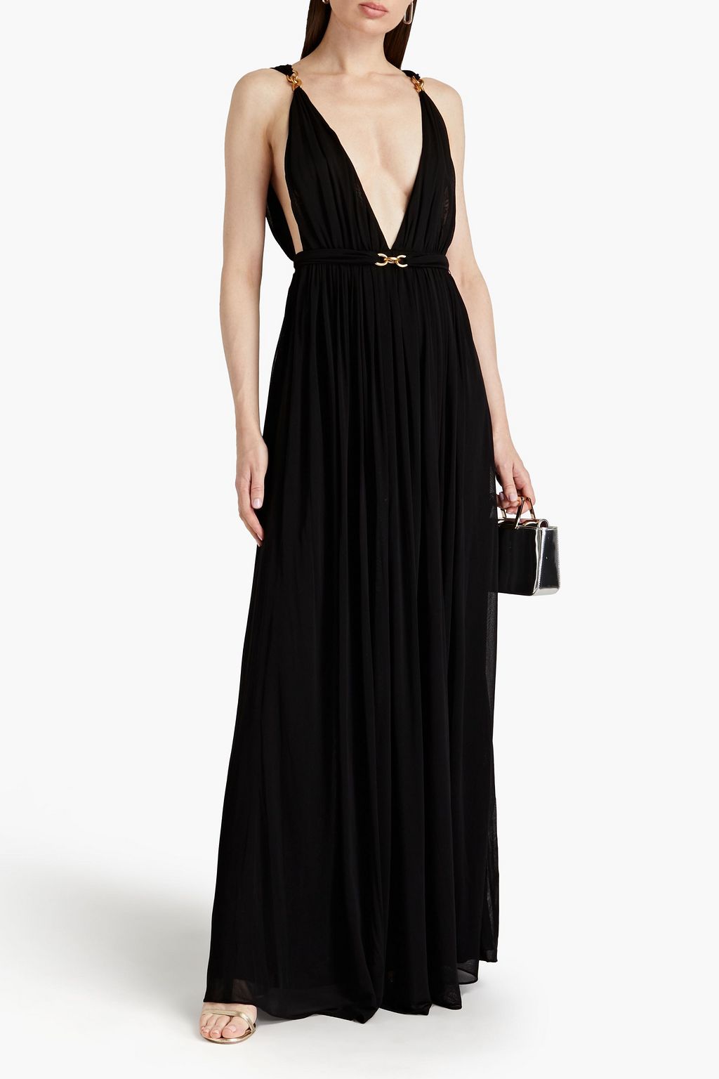 SAINT LAURENT Chain-embellished gathered crepe maxi dress