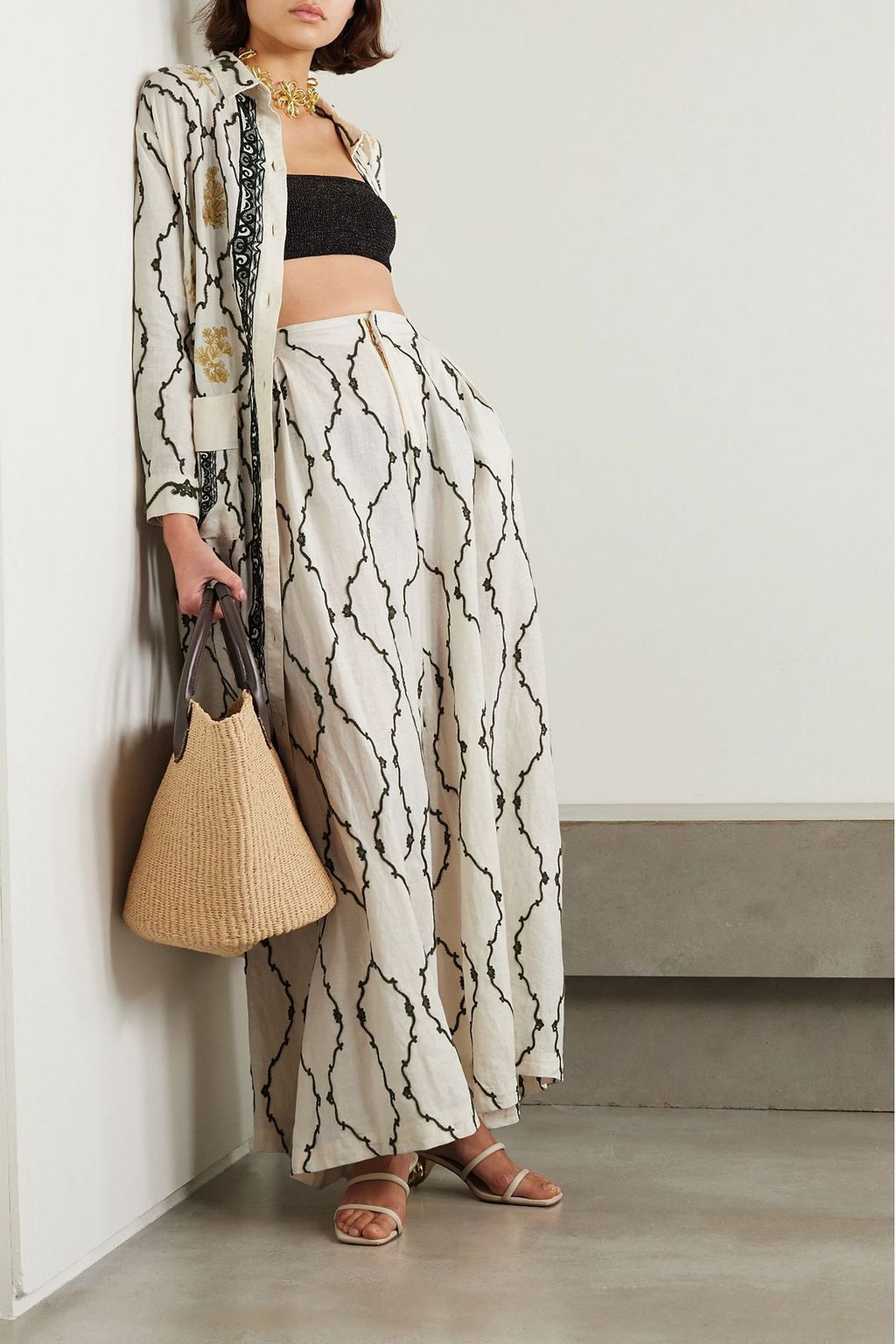 AGUA BY AGUA BENDITA Marea Colado embroidered linen wide-leg pants