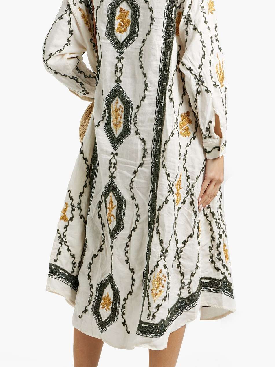 frida calado embroidered linen midi shirt dress