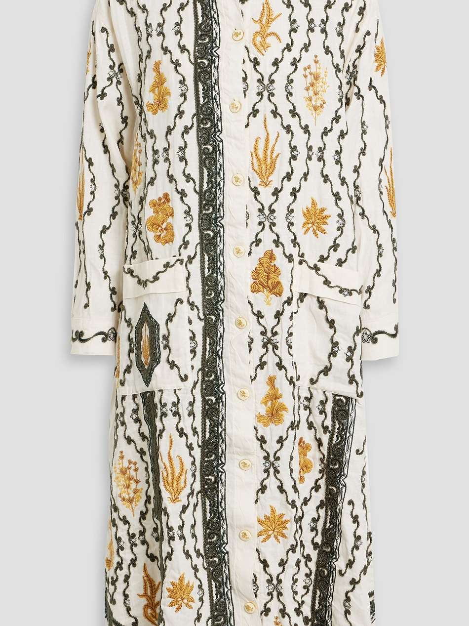 frida calado embroidered linen midi shirt dress