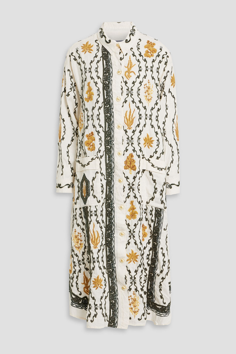 Agua By Agua Bendita Frida Calado Embroidered Linen Midi Shirt Dress In Ivory
