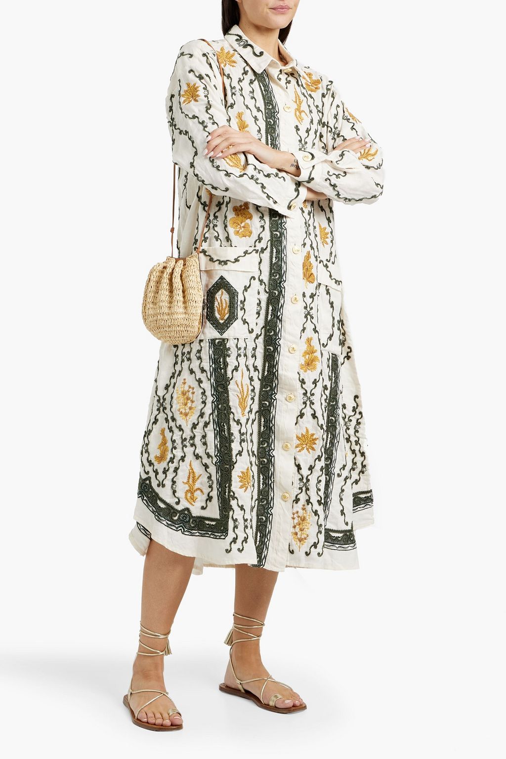 AGUA BY AGUA BENDITA Frida Calado embroidered linen midi shirt dress