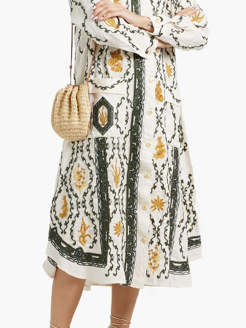 frida calado embroidered linen midi shirt dress