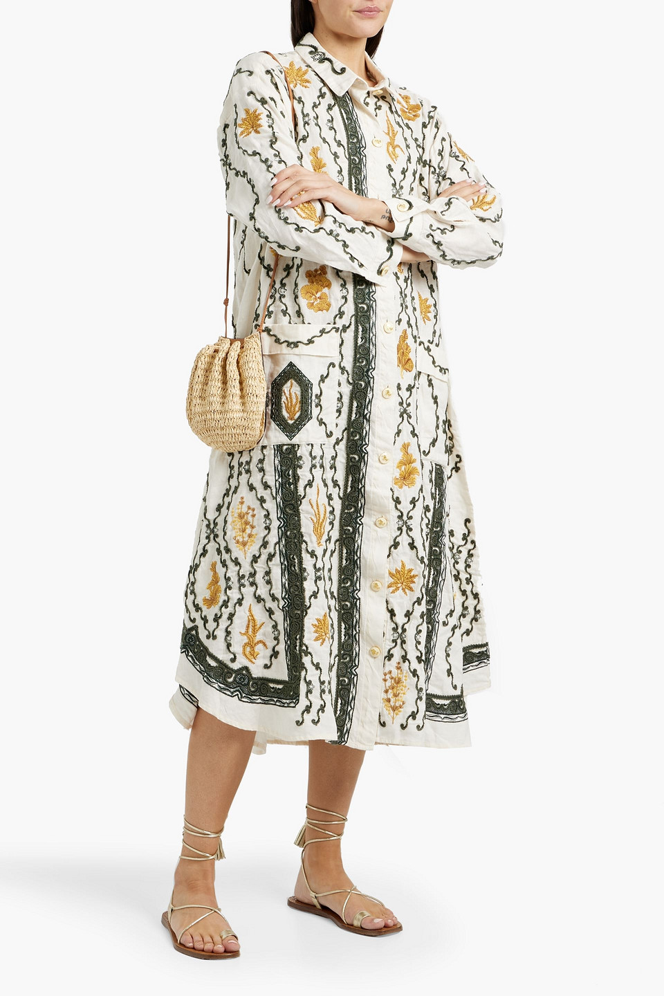 Agua By Agua Bendita Frida Calado Embroidered Linen Midi Shirt Dress In Ivory