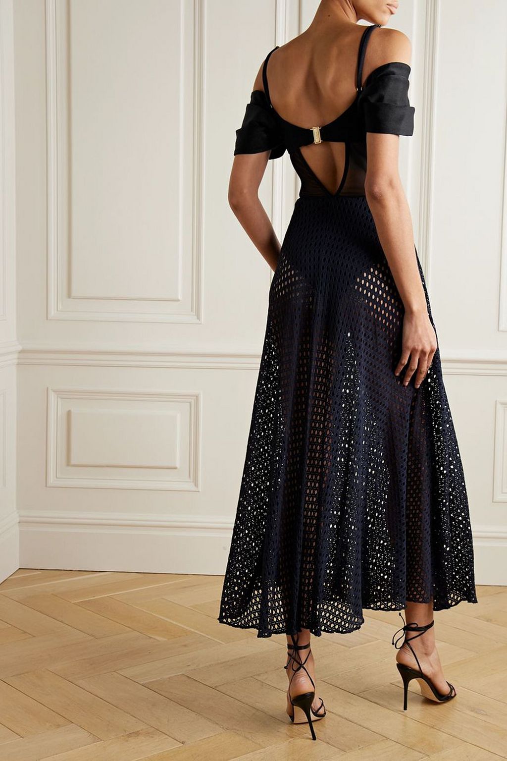 PATBO Cold-shoulder satin, mesh and crochet maxi dress