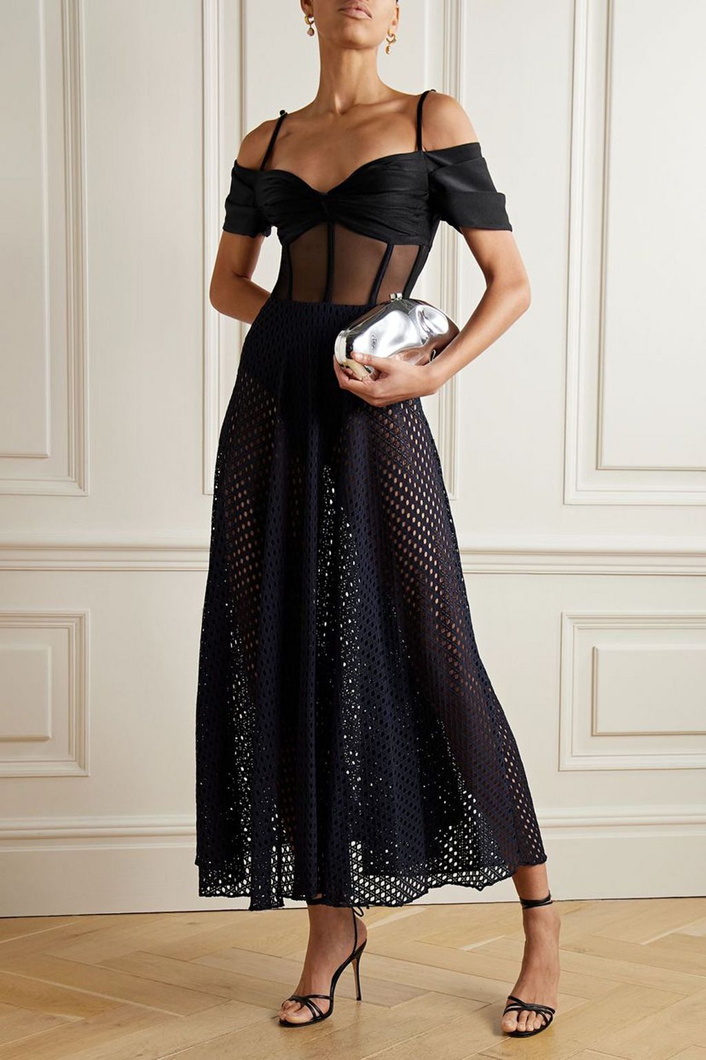 PATBO Cold-shoulder satin, mesh and crochet maxi dress