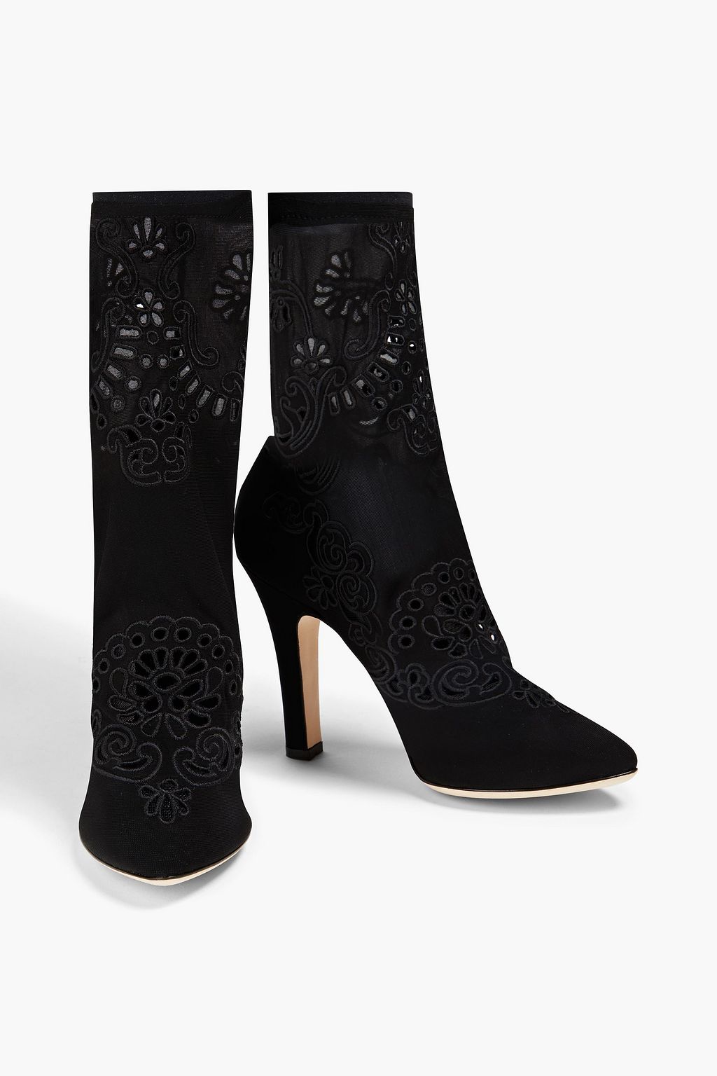 DOLCE&GABBANA Broderie anglaise-trimmed stretch-mesh ankle boots