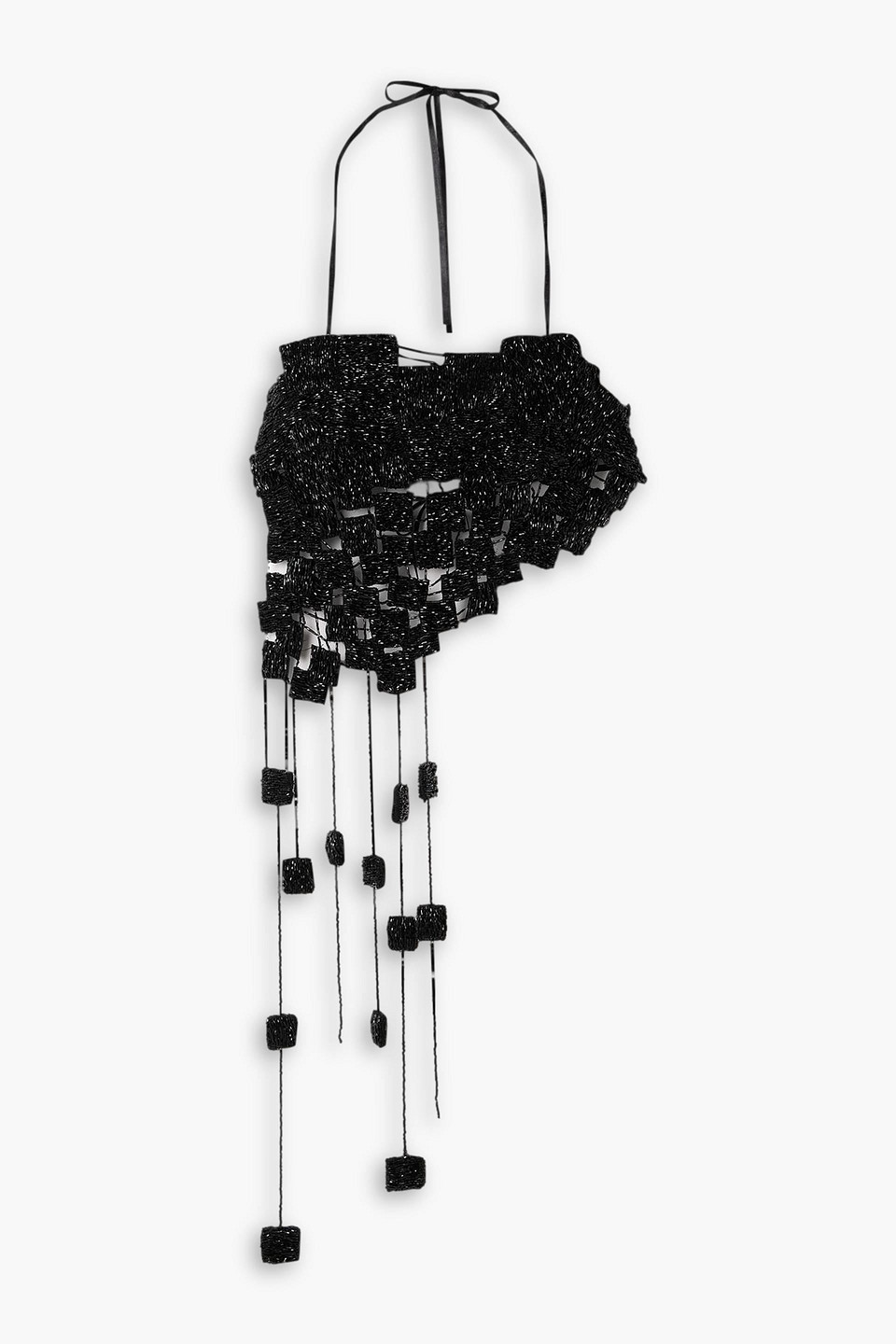 cult gaia - margaux asymmetric fringed beaded silk halterneck top - black - l
