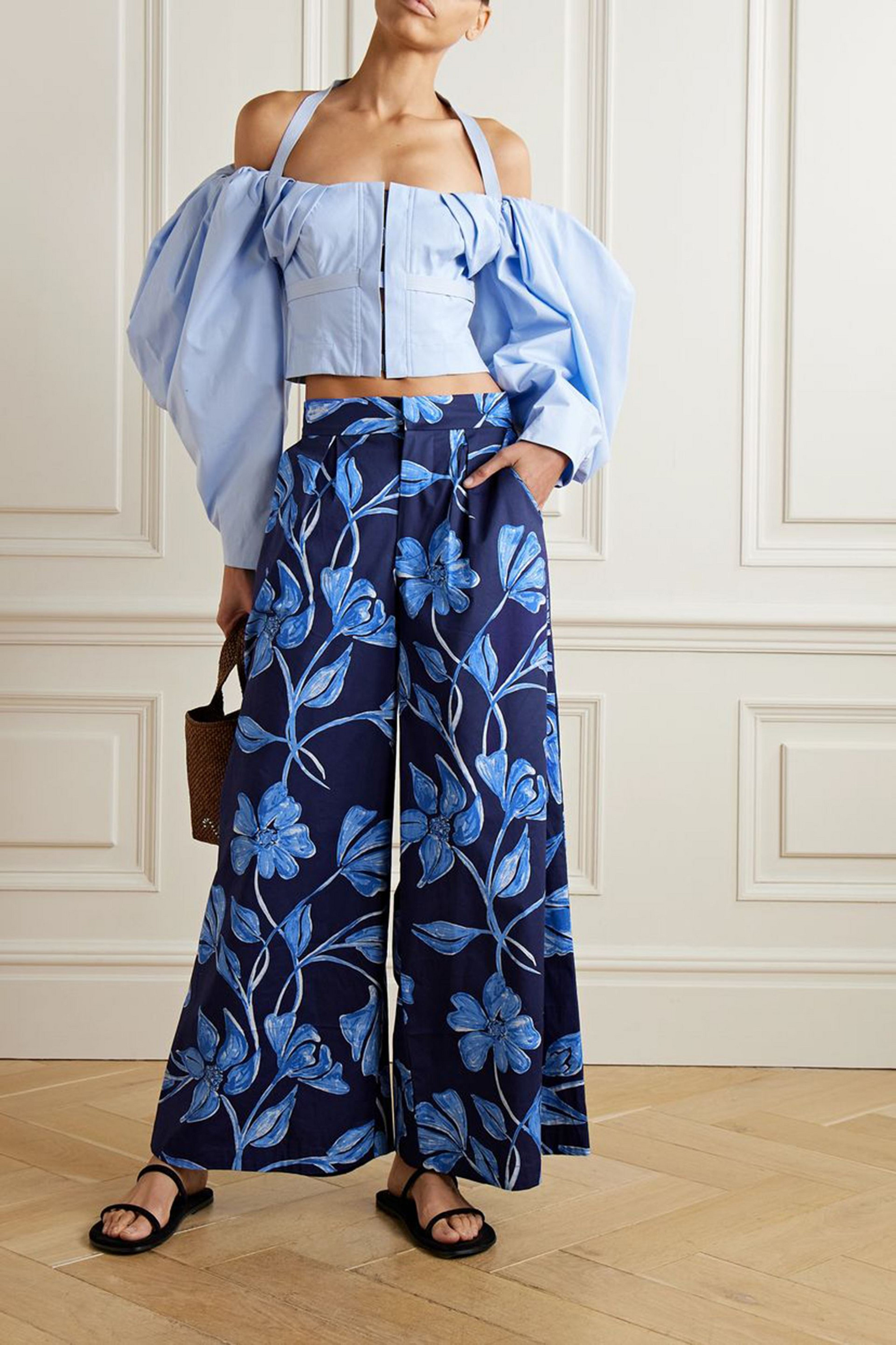 PatBO Nightflower printed cotton-blend poplin wide-leg pants