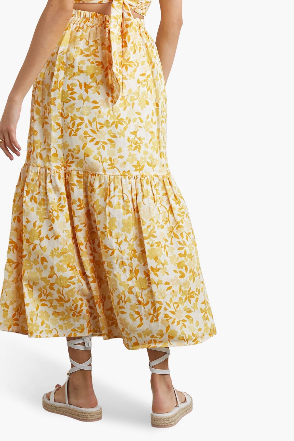 PEONY SWIMWEAR Floral-print linen midi skirt