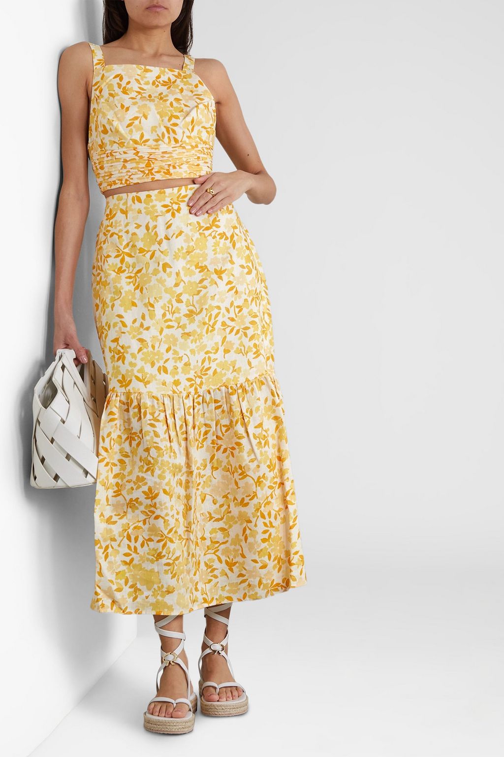 PEONY SWIMWEAR Floral-print linen midi skirt