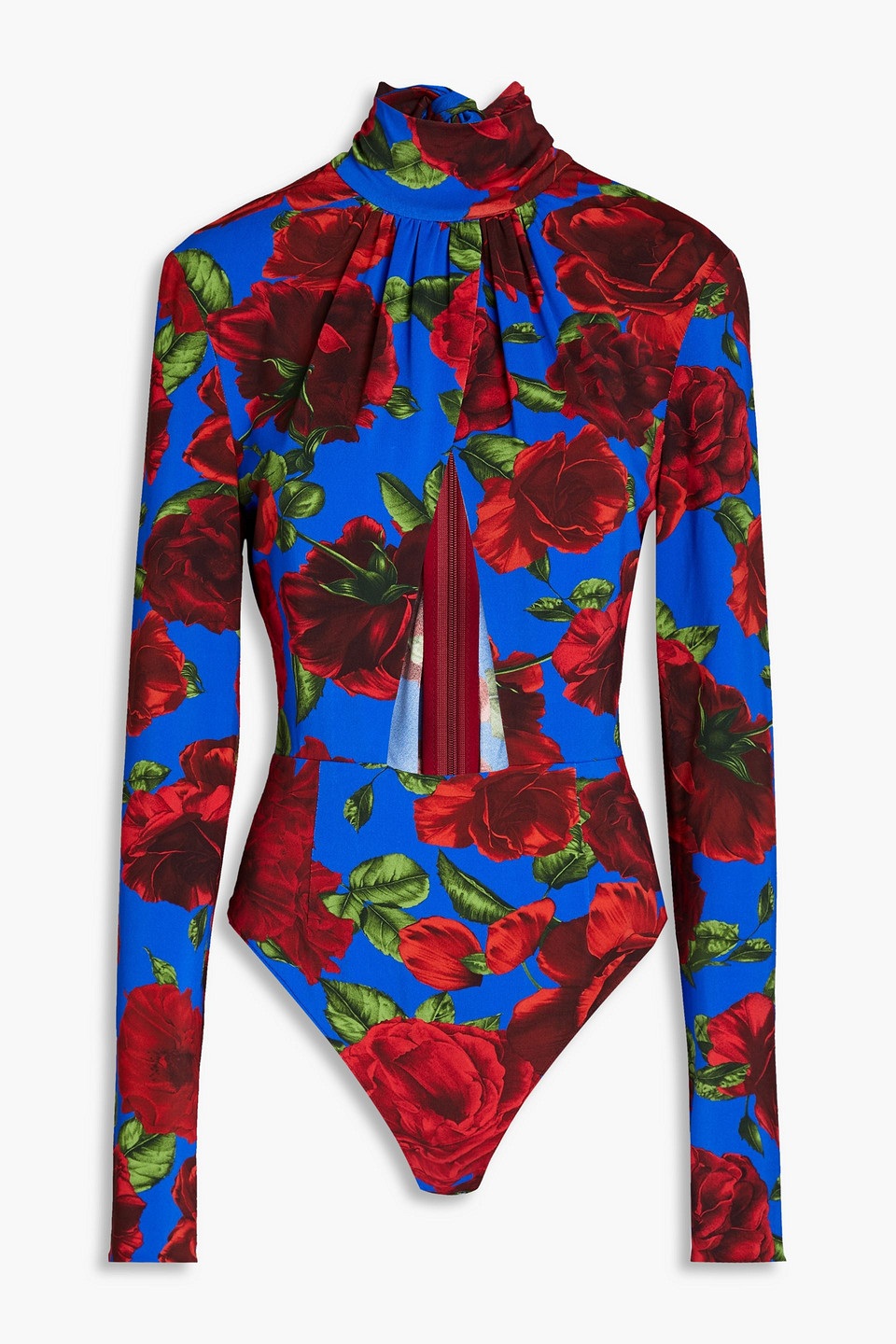 Shop Magda Butrym Gathered Cutout Floral-print Stretch-jersey Bodysuit In Cobalt Blue