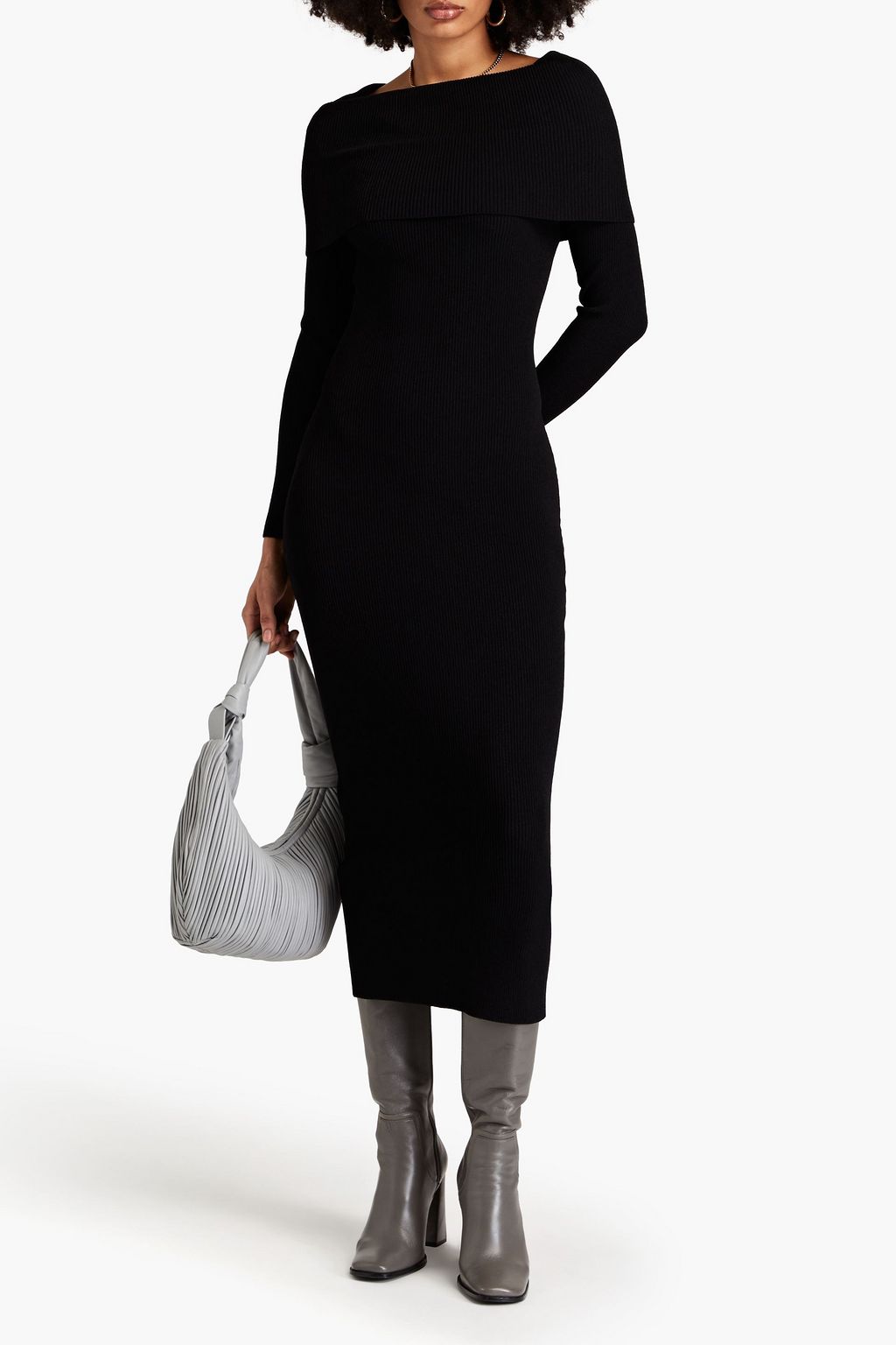 AUTUMN CASHMERE فستان متوسط الطول بحبكة مضلّعة بتصميم مكشوف الكتفين