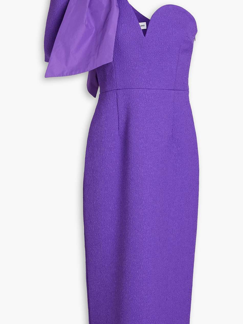 rumi one-shoulder bow-embellished cloqué midi dress
