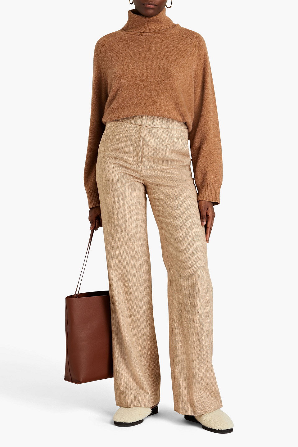 Veronica Beard Tonelli Herringbone Flannel Wide-leg Pants In Camel