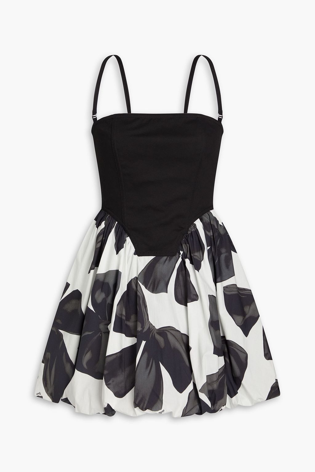 Gathered printed twill paneled stretch cotton poplin mini dress