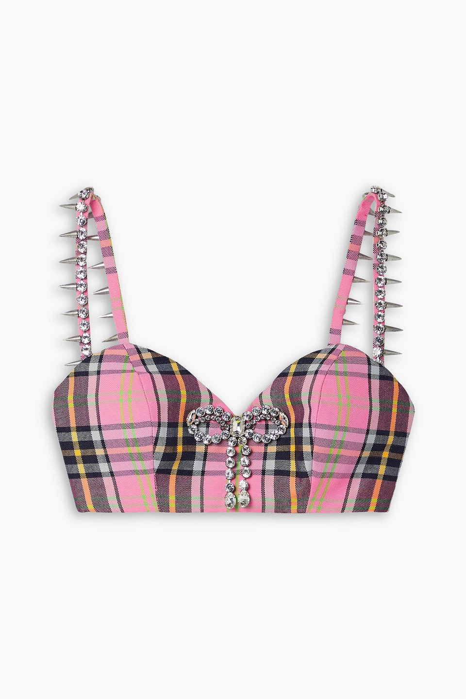 Area Crystal Spike Plaid Virgin Wool Blend Bra Top In Pink