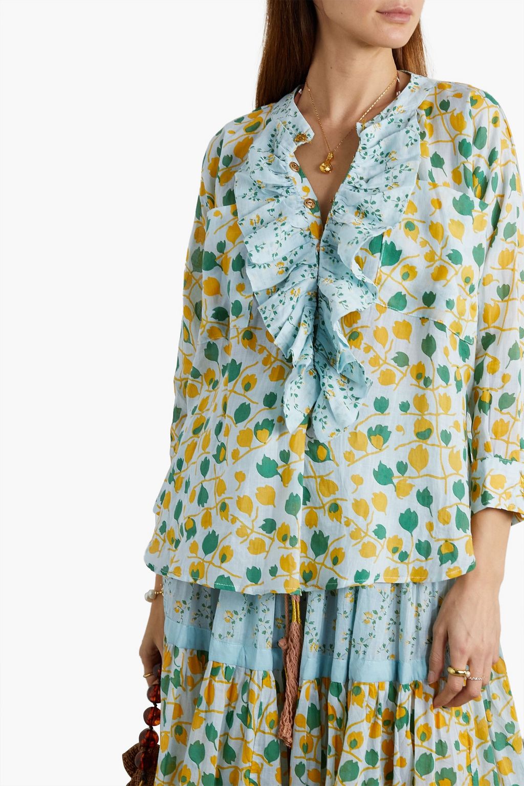 YVONNE S Ruffled floral-print linen blouse