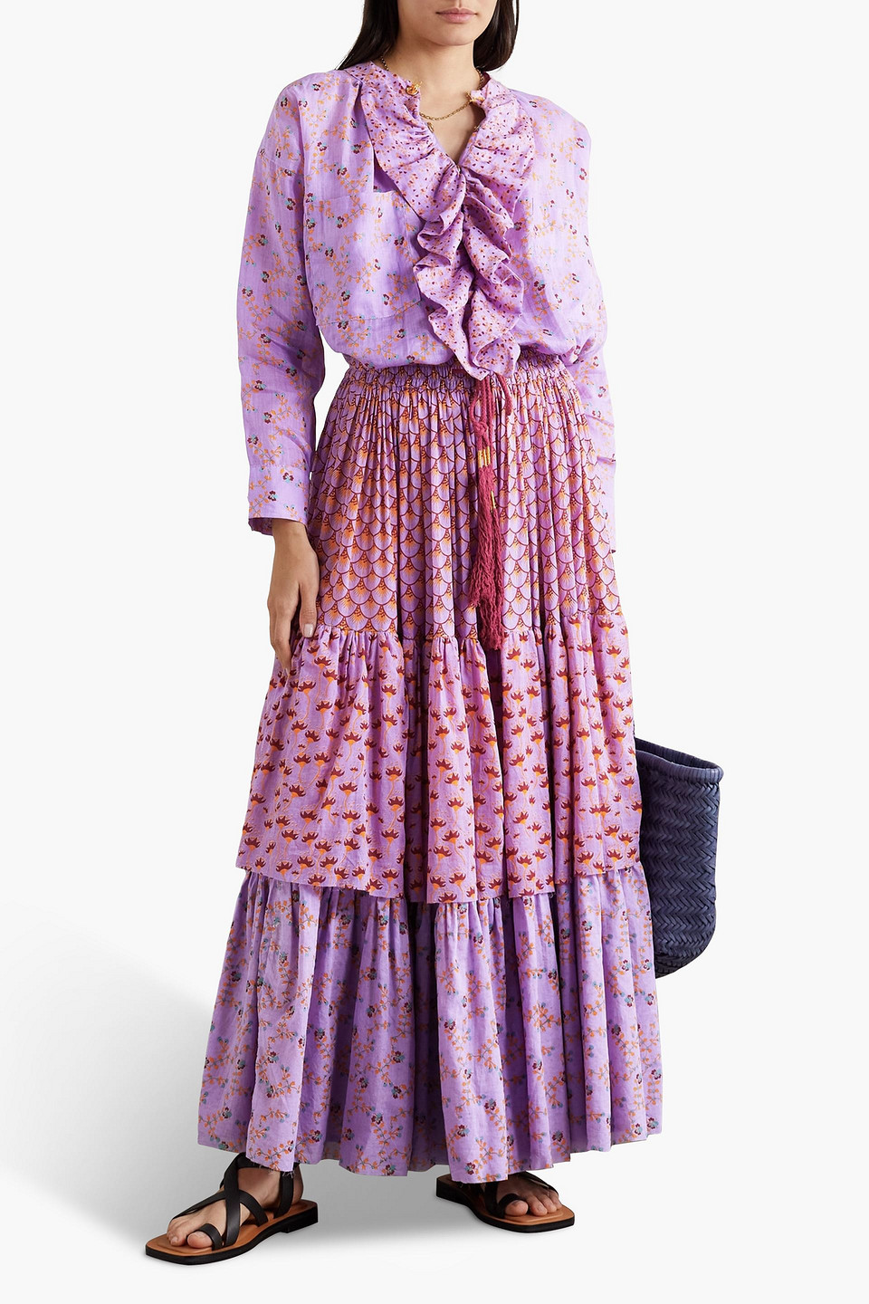 Shop Yvonne S Tiered Printed Cotton-voile Maxi Skirt In Lavender