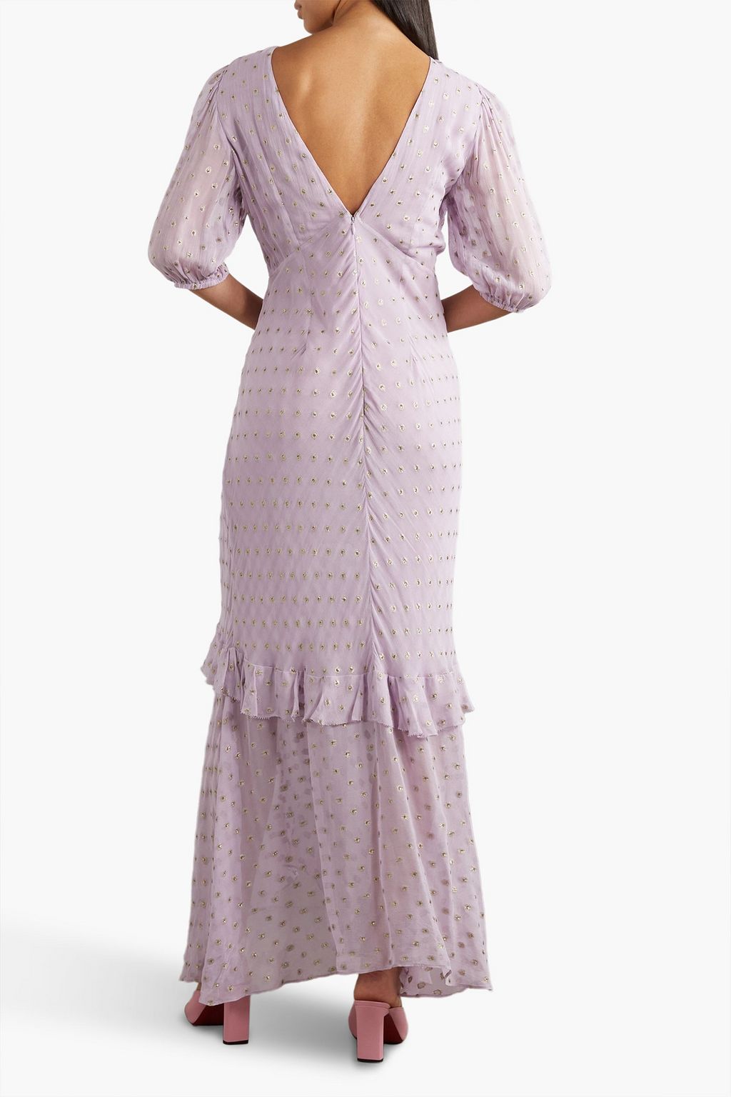 RIXO Cheryl ruffled metallic fill coupé gauze midi dress