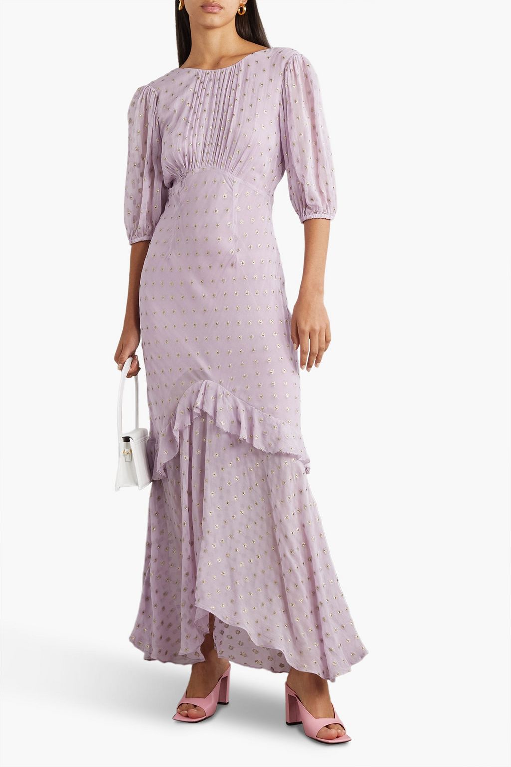 RIXO Cheryl ruffled metallic fill coupé gauze midi dress