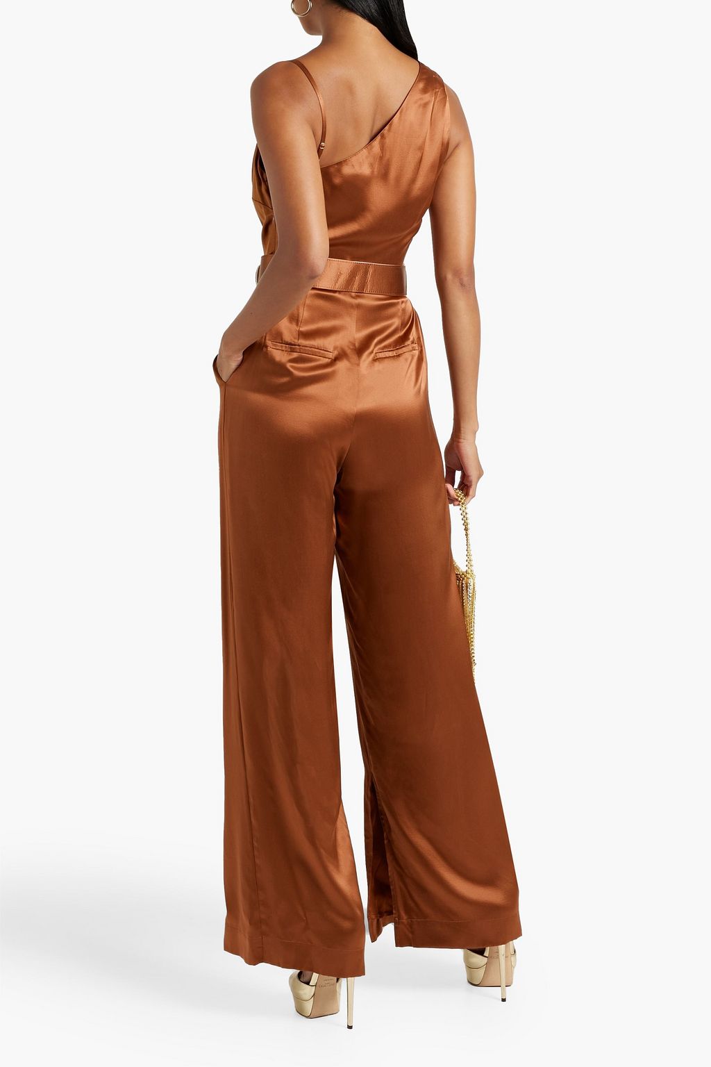 NICHOLAS Asymmetric belted silk-satin wide-leg jumpsuit