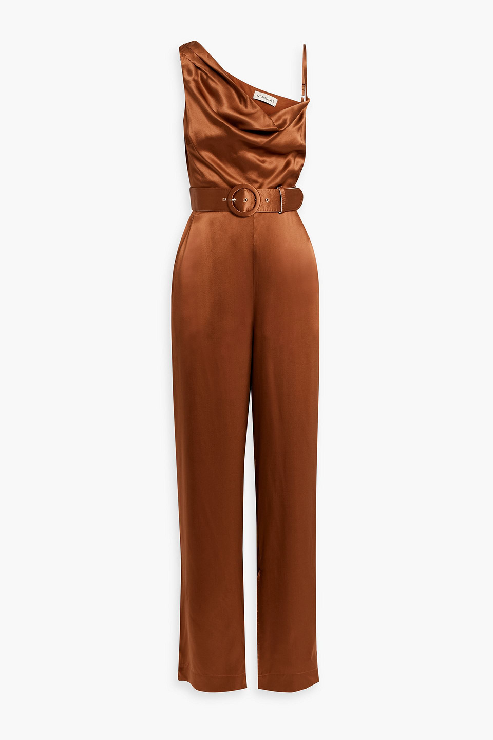 Nicholas Vera Asymmetric Belted Silk-satin Wide-leg Jumpsuit In Camel