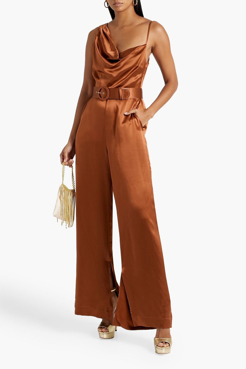 NICHOLAS Asymmetric belted silk-satin wide-leg jumpsuit