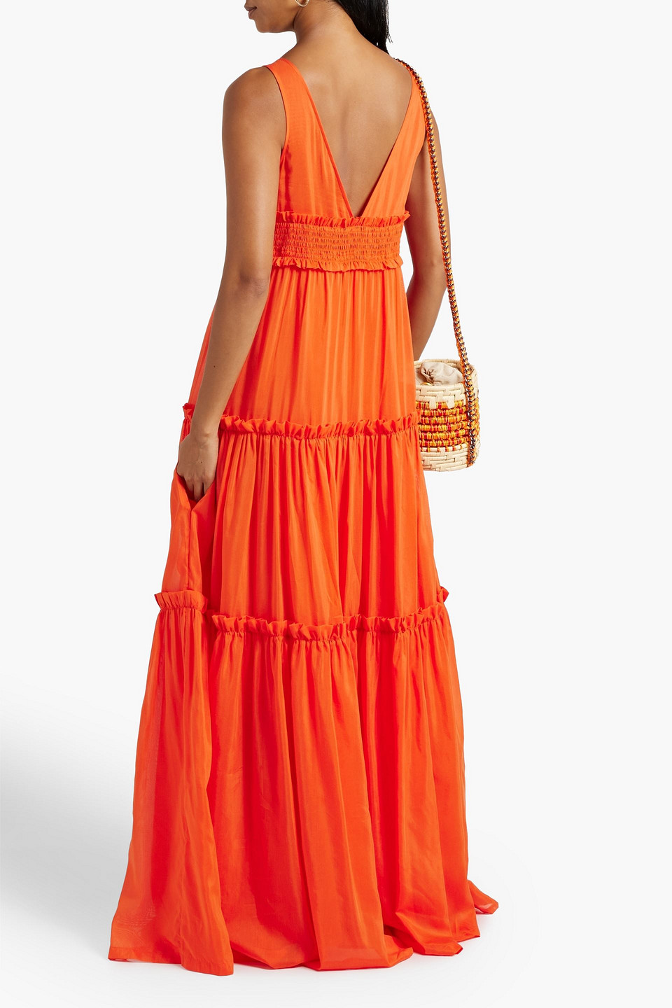 Nicholas Myla Shirred Cotton And Silk-blend Voile Maxi Dress In Bright Orange