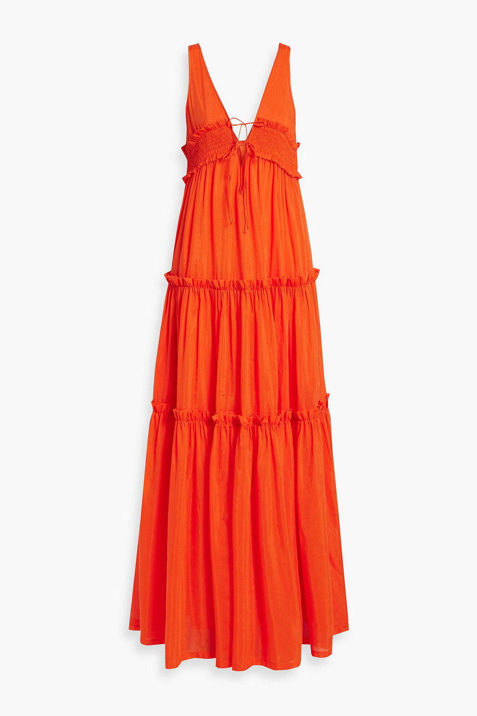 Nicholas Myla Shirred Cotton And Silk-blend Voile Maxi Dress In Bright Orange