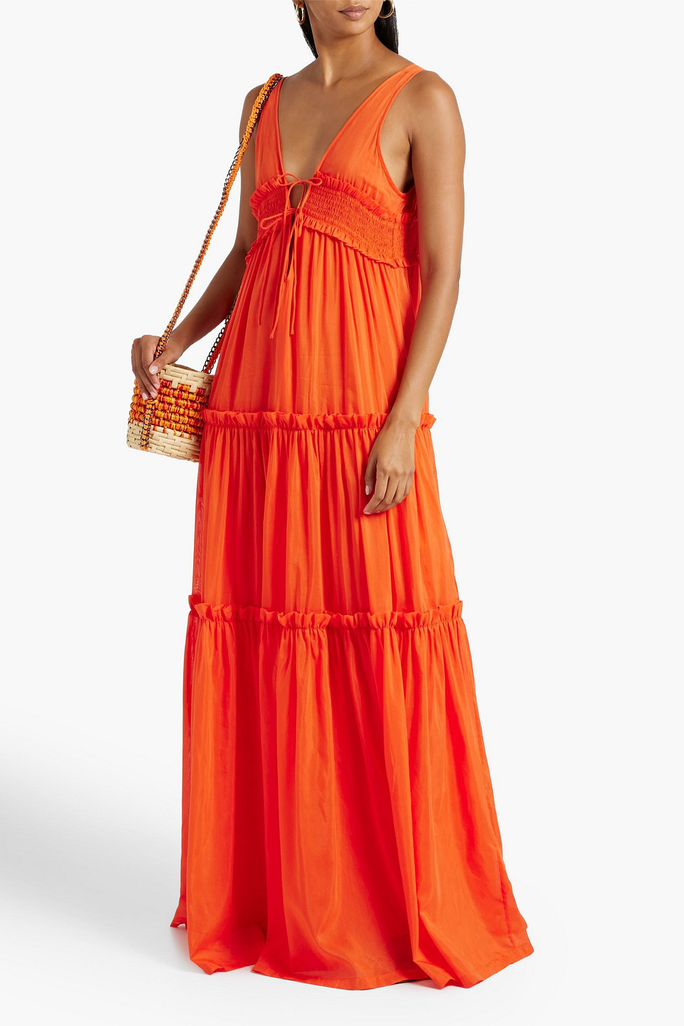 Nicholas Myla Shirred Cotton And Silk-blend Voile Maxi Dress In Bright Orange