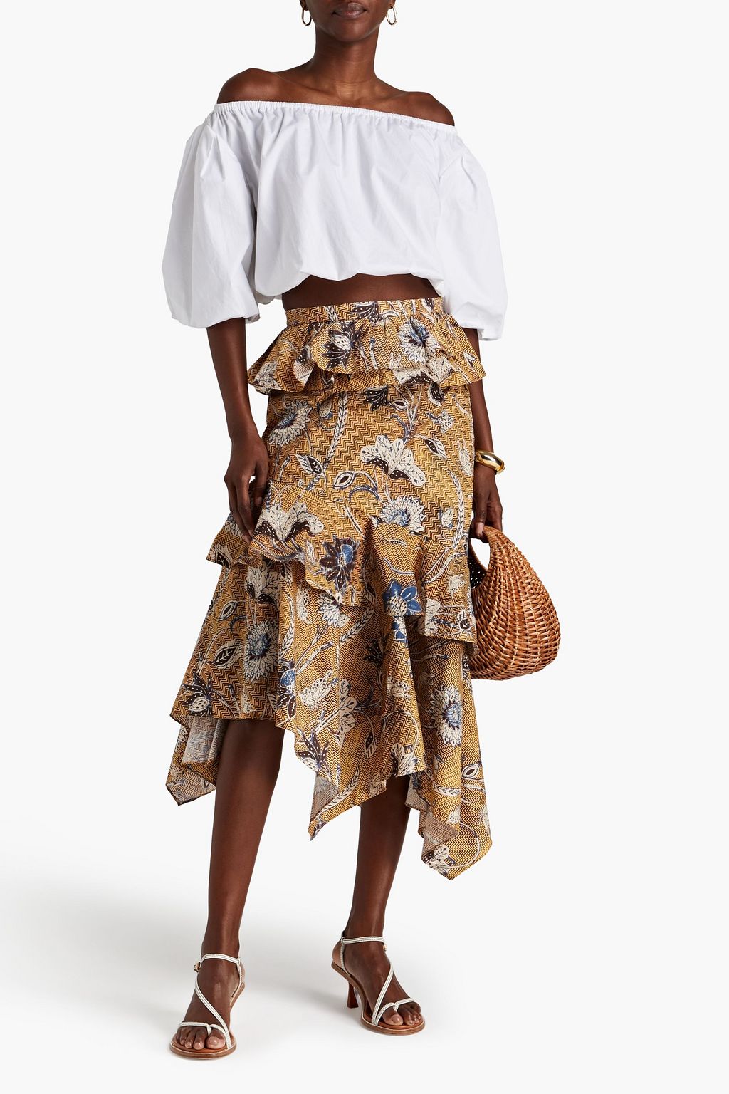 ULLA JOHNSON Ivette asymmetric printed cotton-poplin skirt