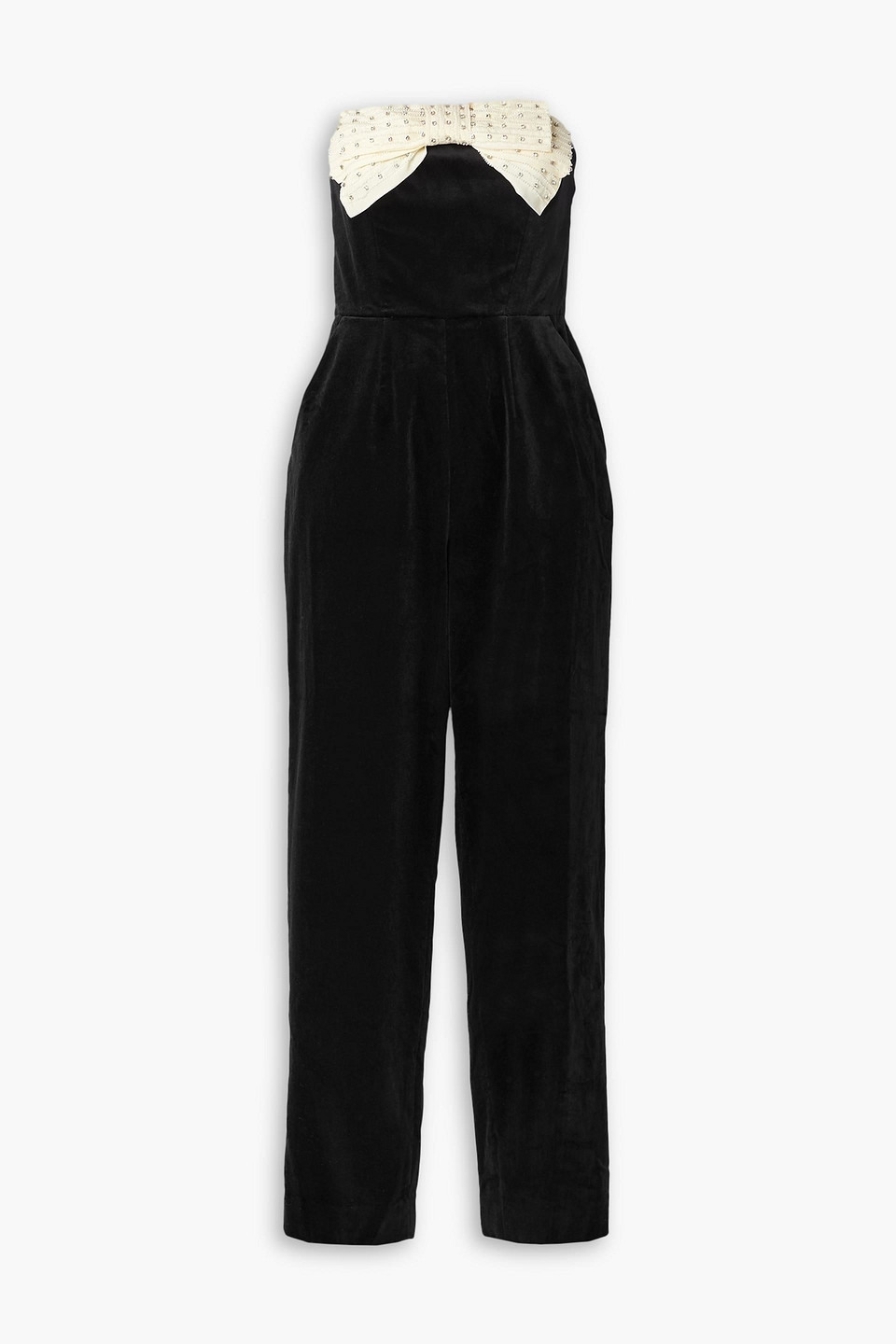 Saloni Sabine Strapless Embellished Cotton-blend Velvet Jumpsuit In Black