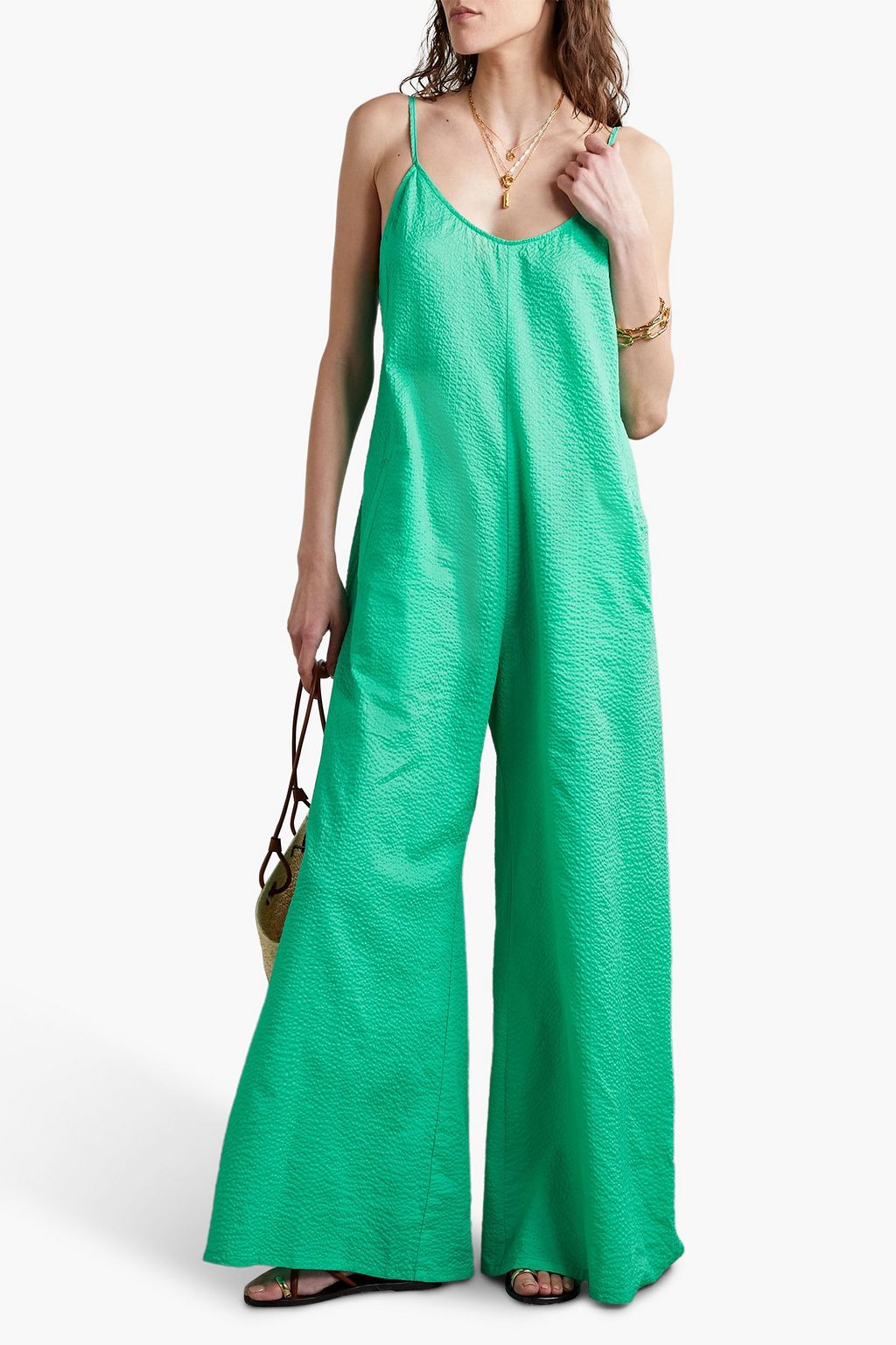 RIVET UTILITY Sun Goddess cotton-seersucker wide-leg jumpsuit