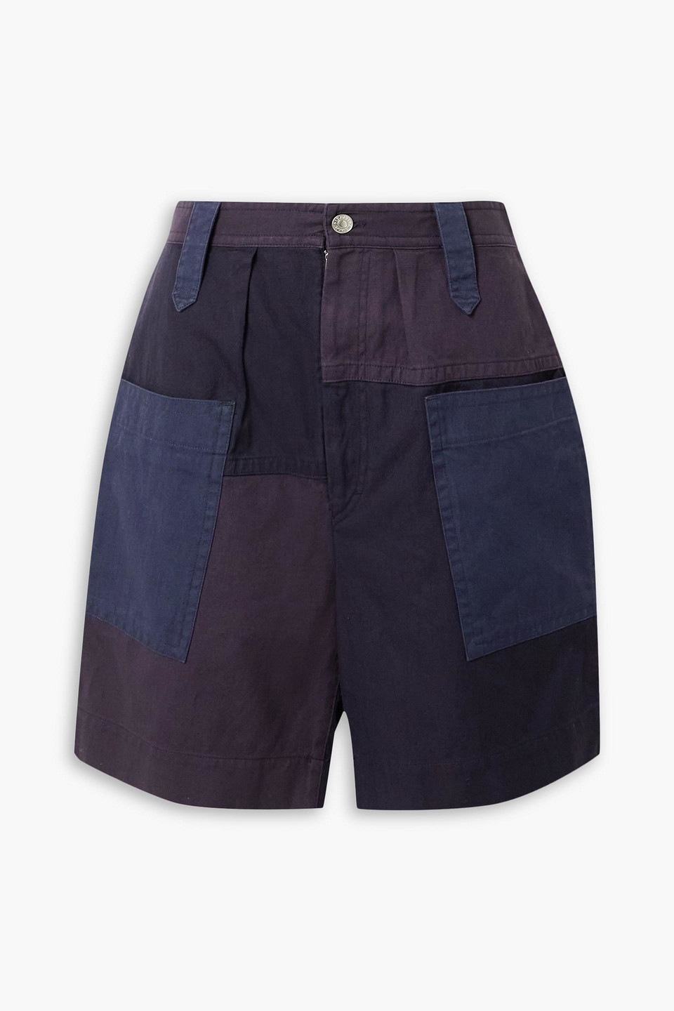 Isabel Marant Étoile Kalerna Patchwork Organic Cotton And Linen-blend Shorts In Navy