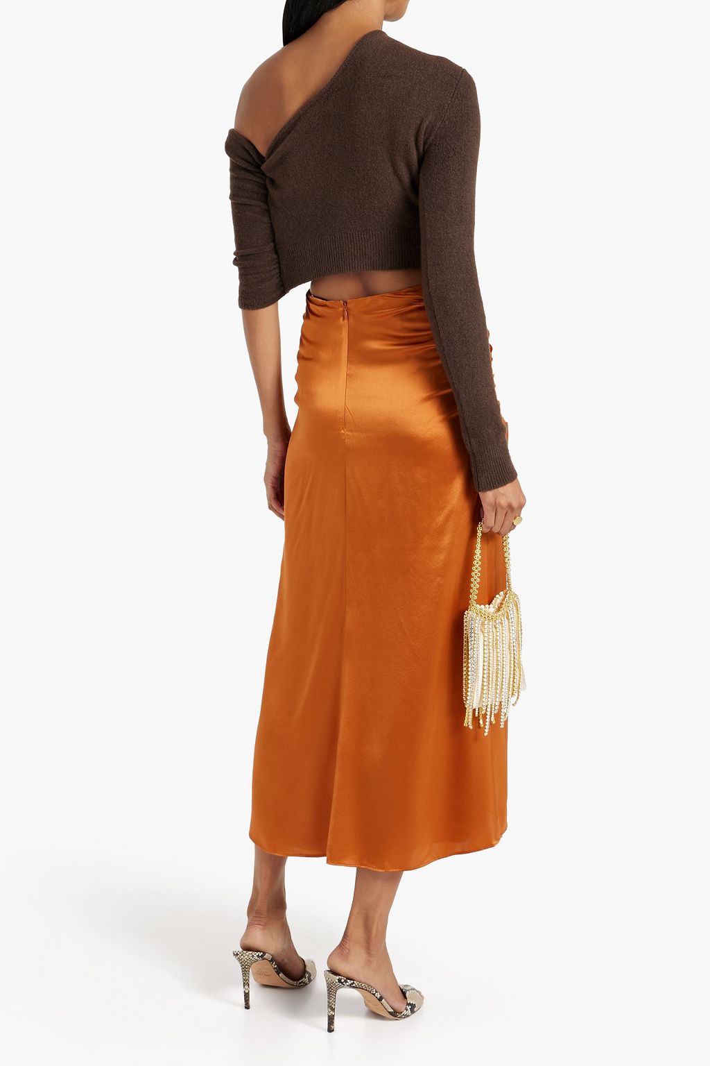 NICHOLAS Ruched silk-satin-crepe midi skirt