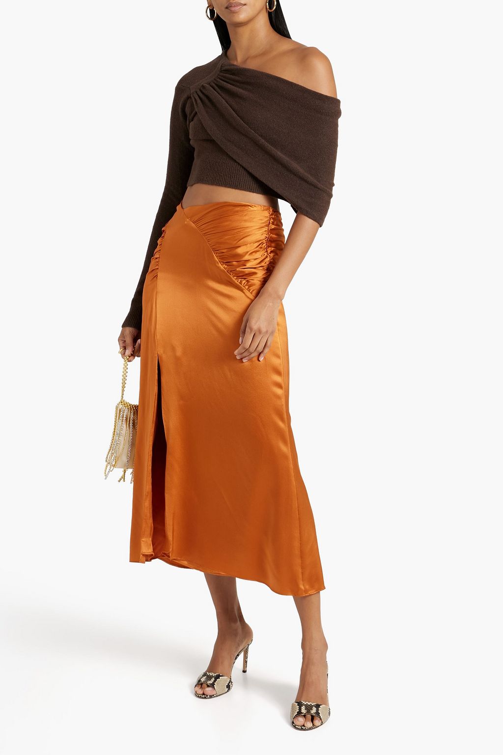 NICHOLAS Ruched silk-satin-crepe midi skirt