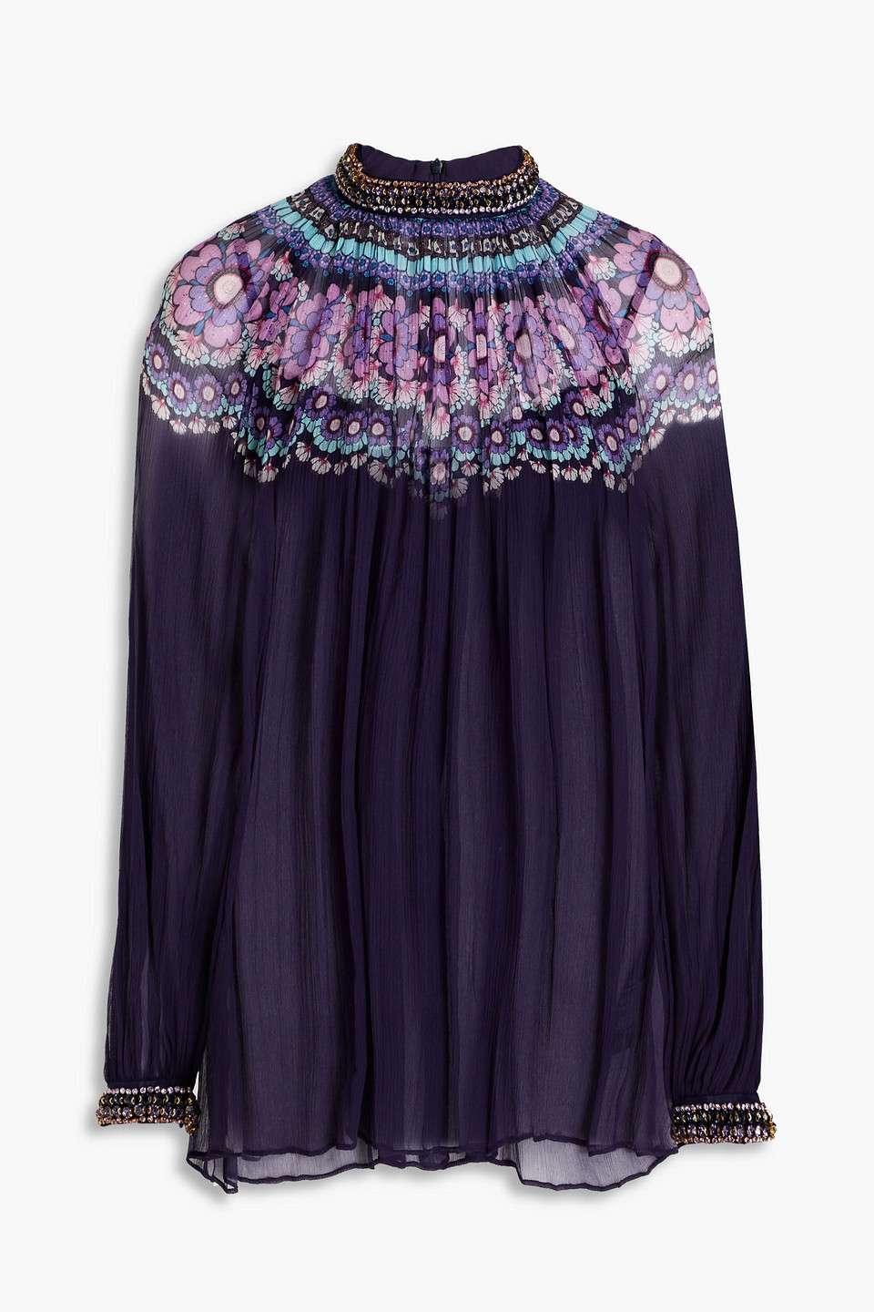 Crystal-embellished floral-print silk-crepon blouse