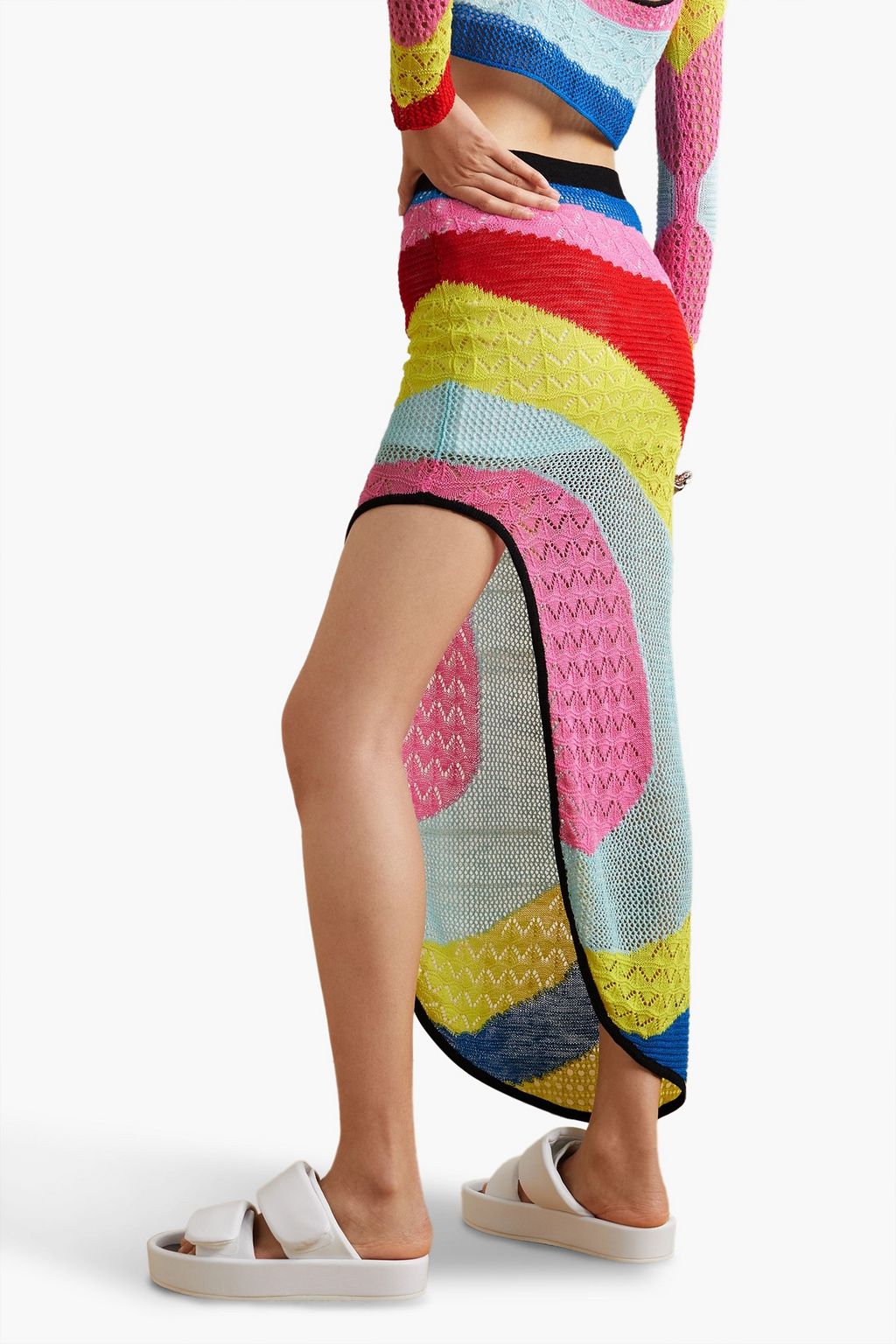STAUD Centre asymmetric striped pointelle-knit skirt