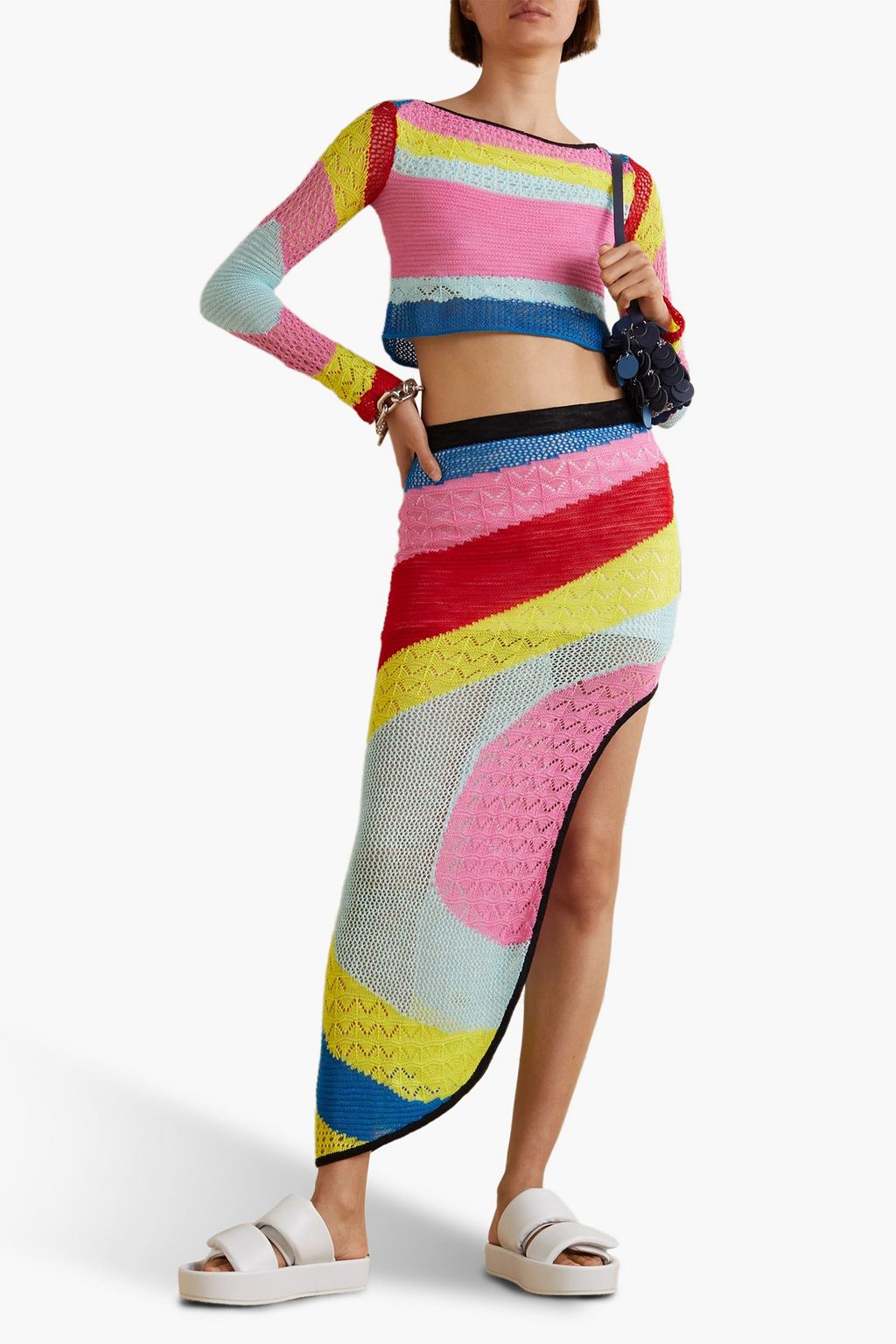 STAUD Centre asymmetric striped pointelle-knit skirt