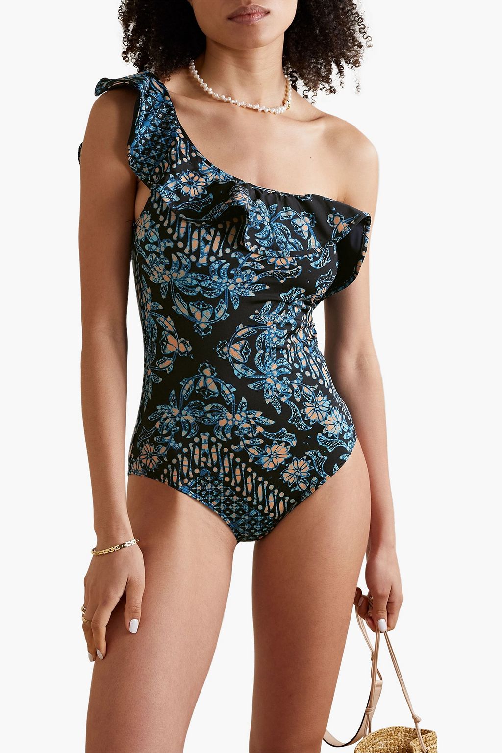 ULLA JOHNSON Martina one-shoulder ruffled printed swimsuit