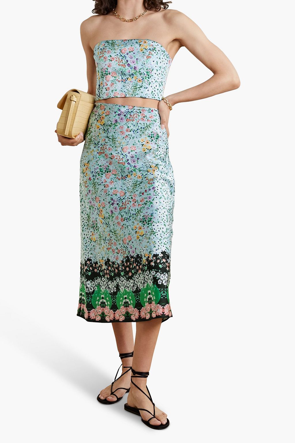ALICE + OLIVIA サテン クロップド ストラップレストップス フローラルプリント