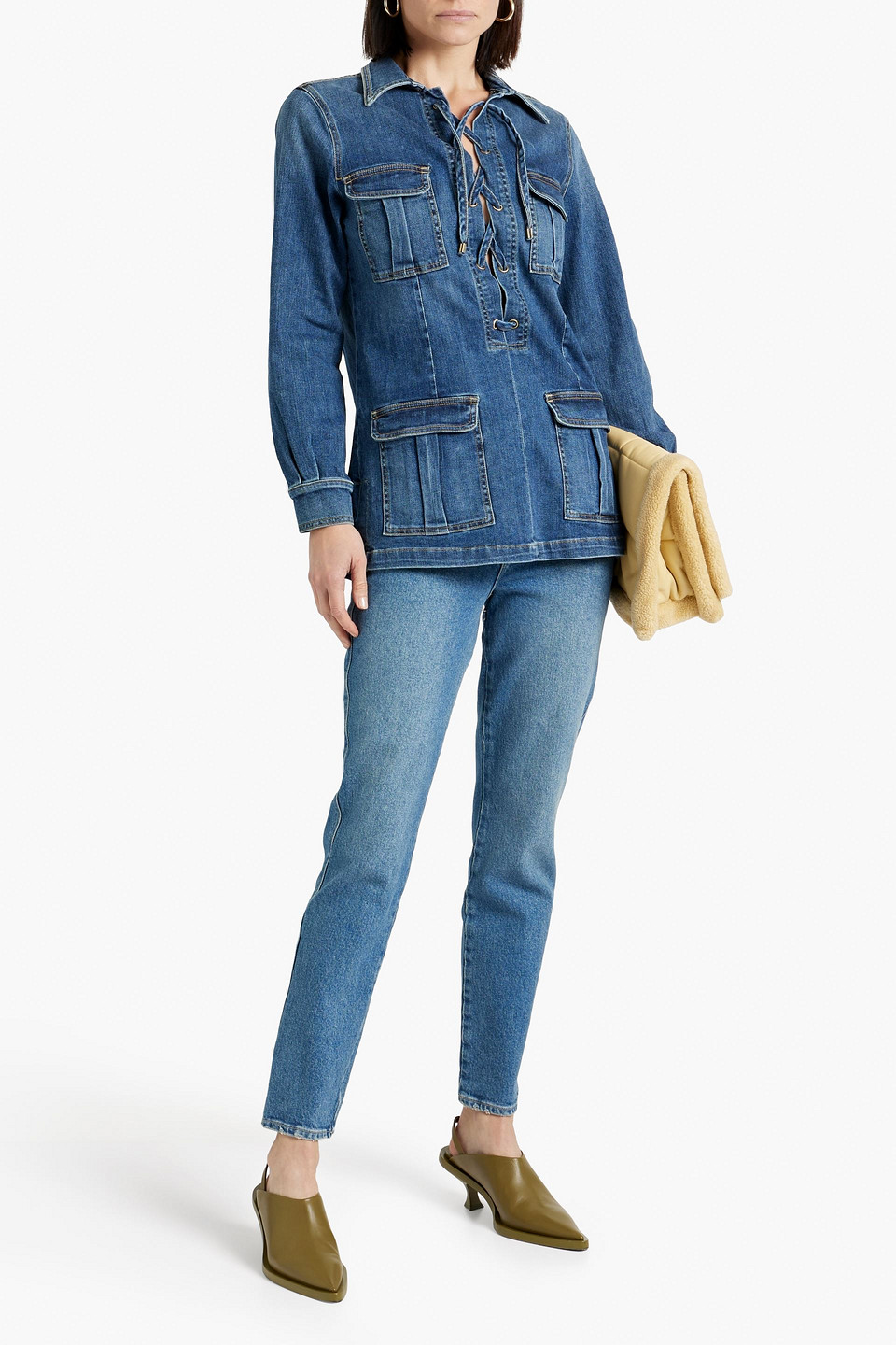 Shop Nili Lotan Monique Lace-up Denim Top In Mid Denim