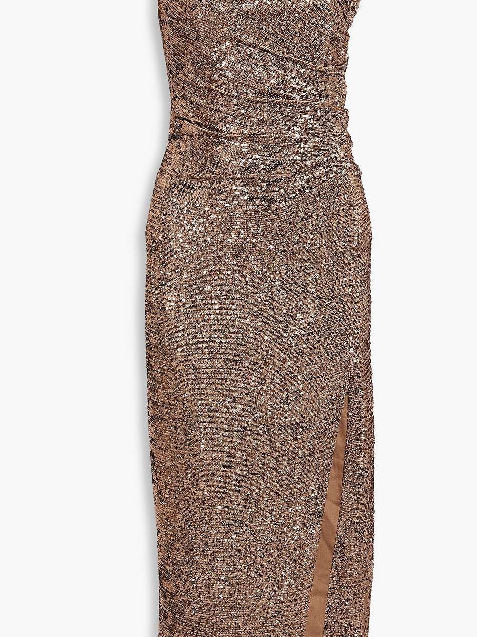 zay one-shoulder ruched sequined jersey midi dress