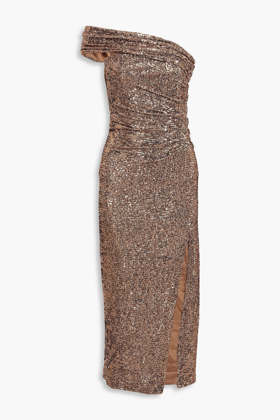 Simkhai Zay One-shoulder Ruched Sequined Jersey Midi Dress In Bronze