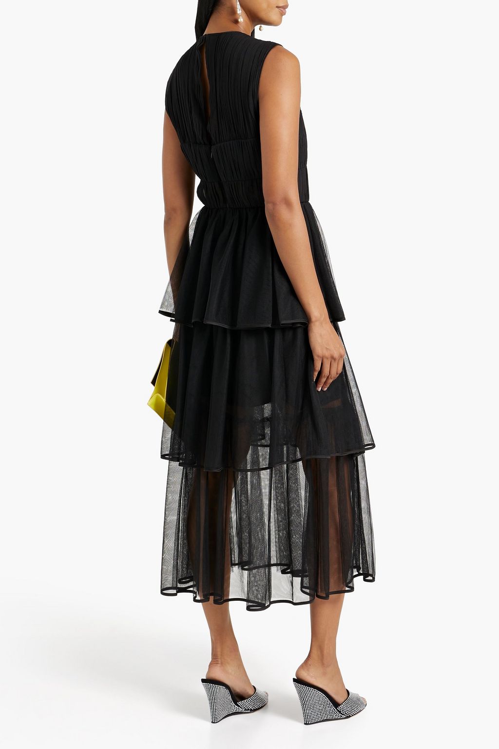 SIMKHAI Benton tiered plissé-tulle midi dress